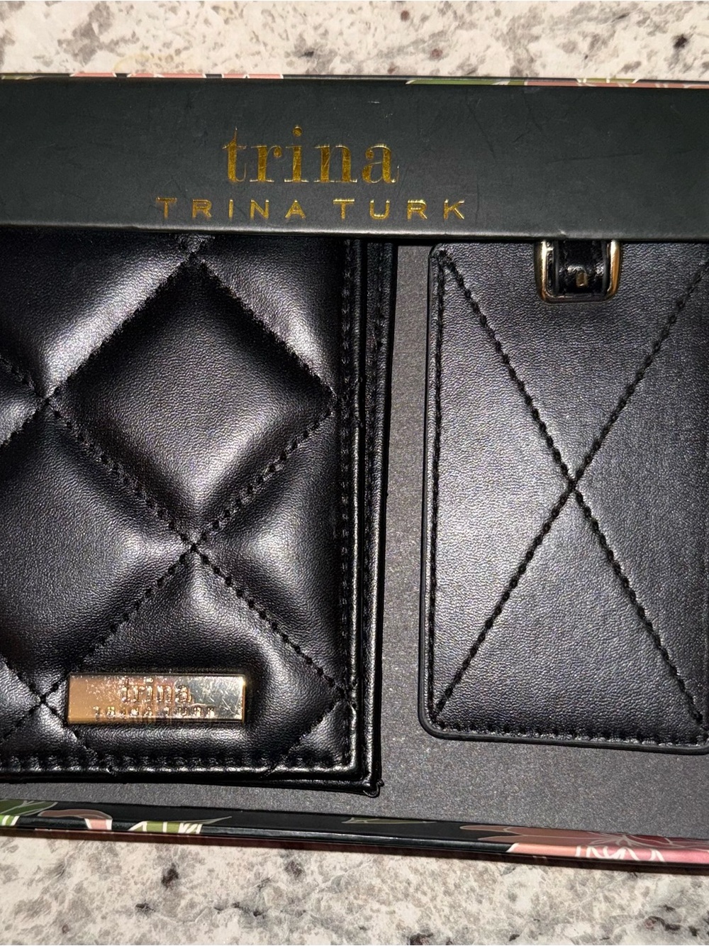 Trina Turk Black Quilted Leather passport Card Case luggage tag Set